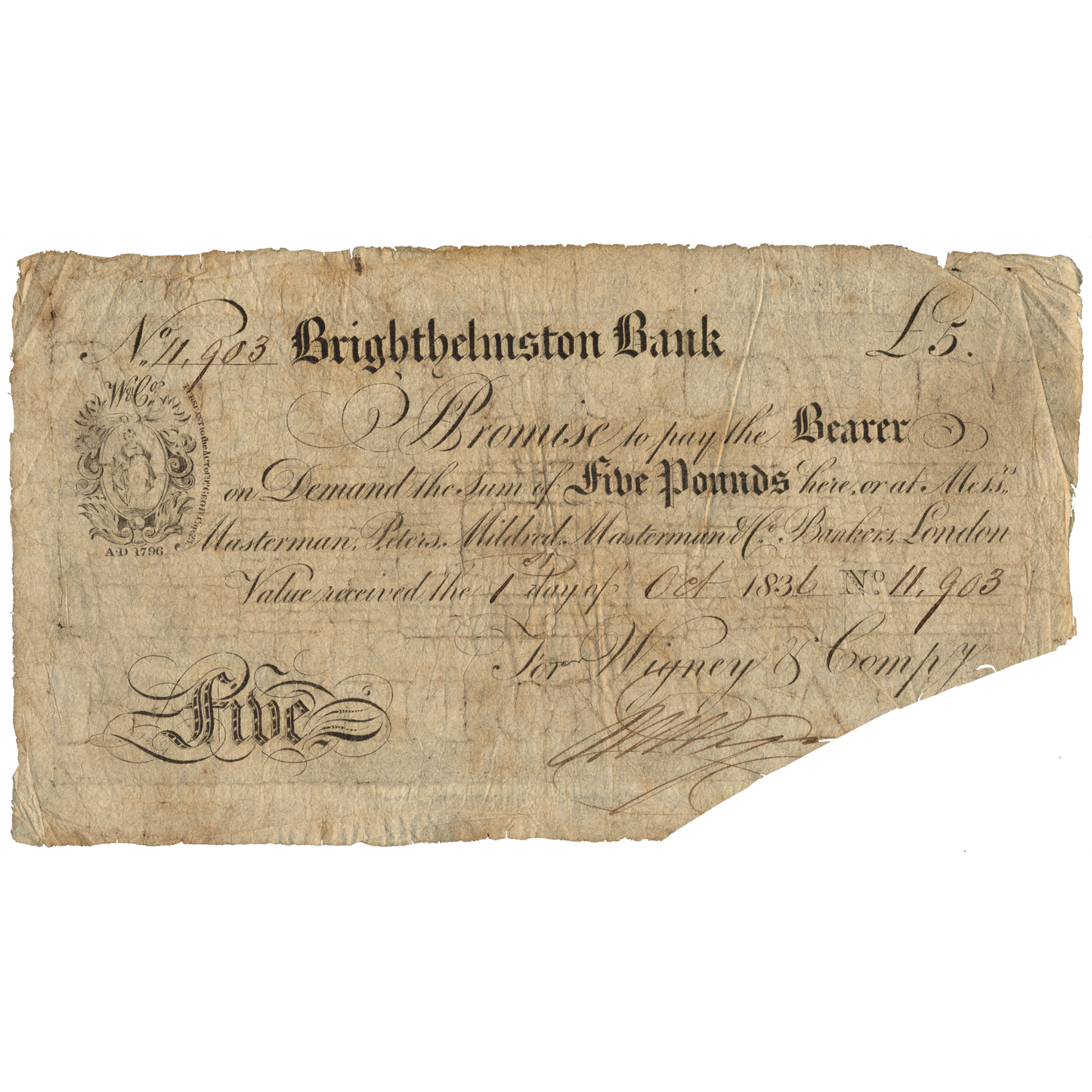 Brighthelston Bank 1836 £5 banknote Outing 293a