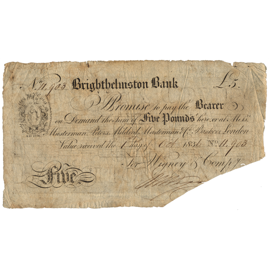 Brighthelston Bank 1836 £5 banknote Outing 293a