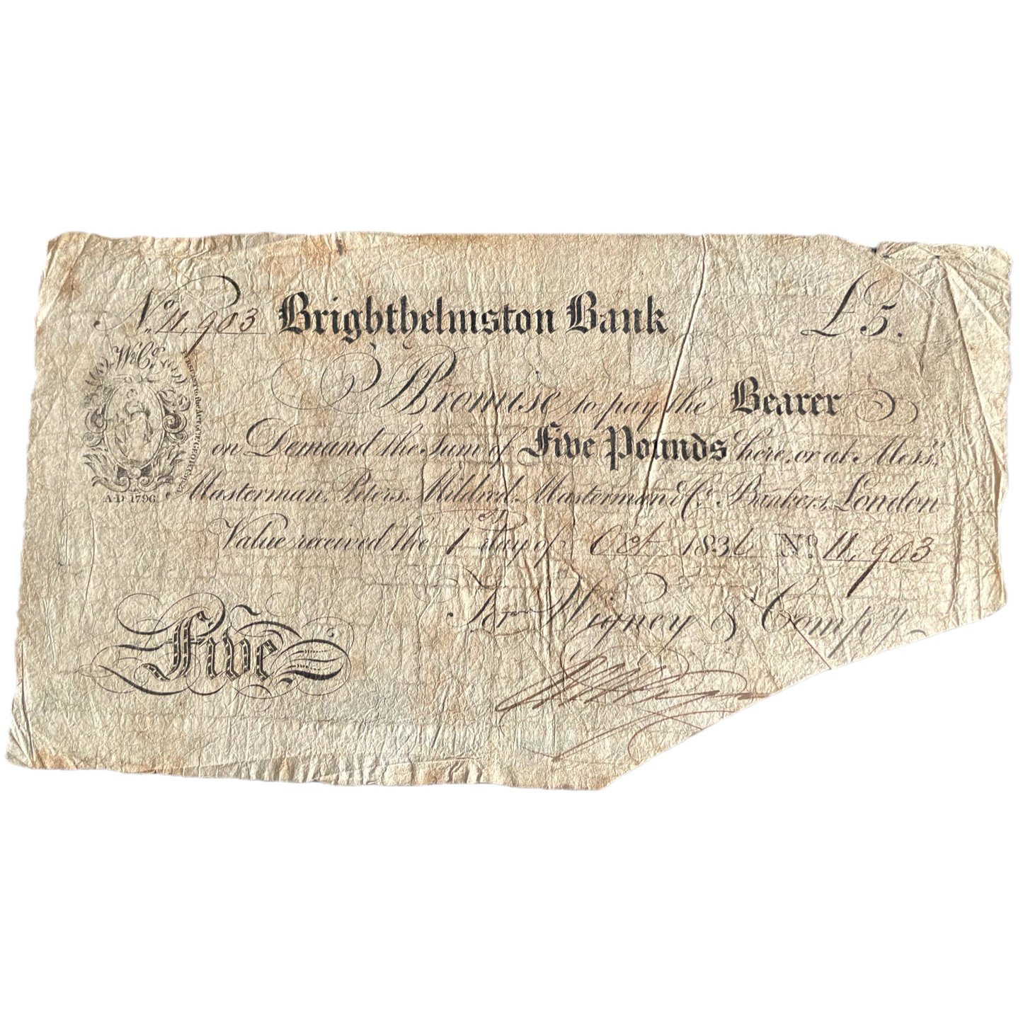 Brighthelston Bank 1836 £5 banknote VG Outing 293a