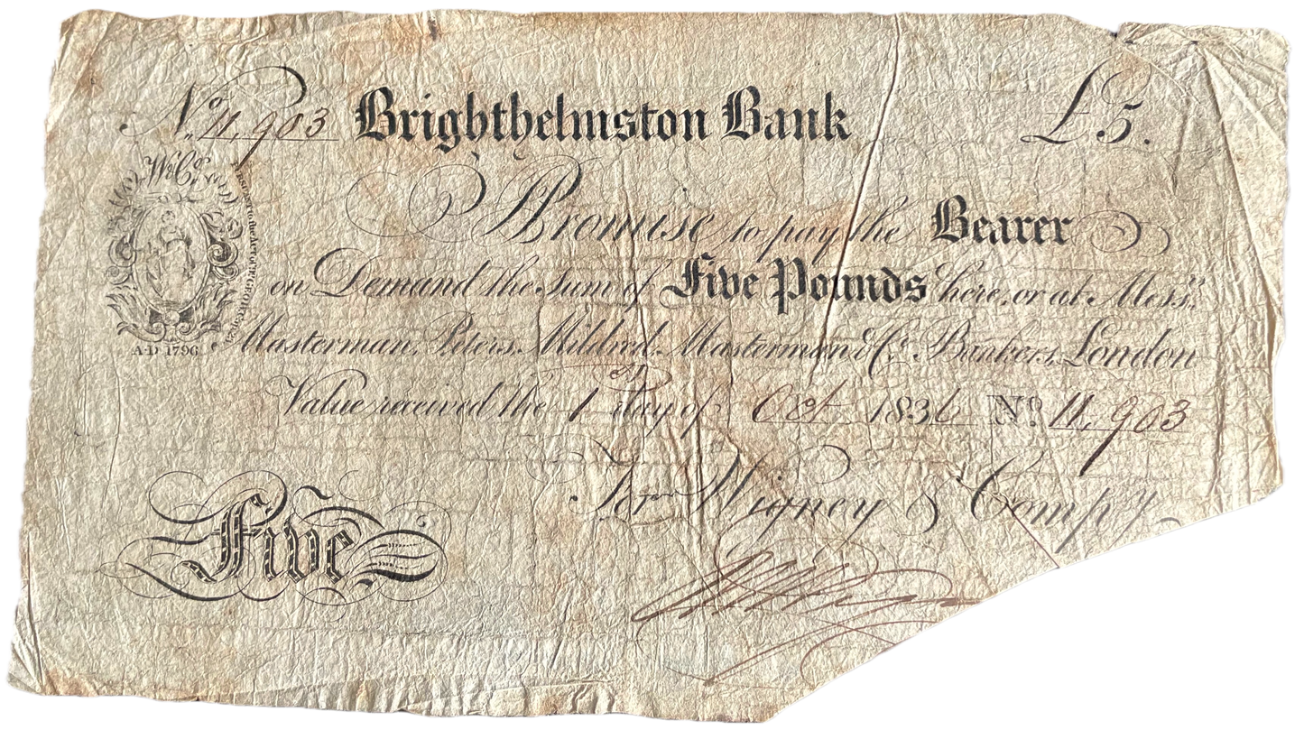 Brighthelston Bank 1836 £5 banknote VG Outing 293a