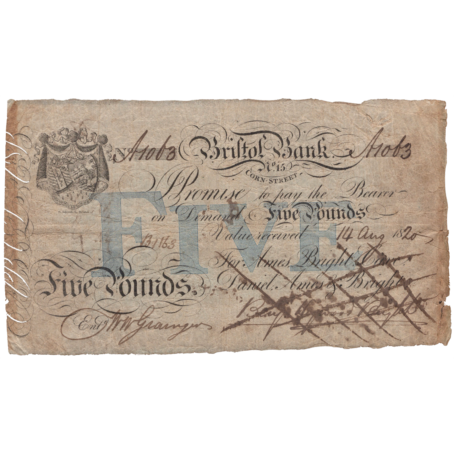 Bristol New Bank 1820 £5 banknote Outing 312g Rare