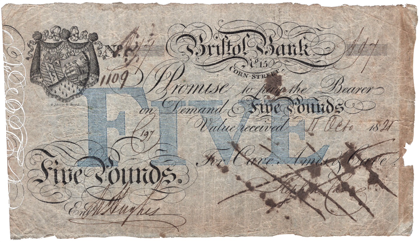 Bristol New Bank 1821 £5 banknote Outing 312j GF Rare