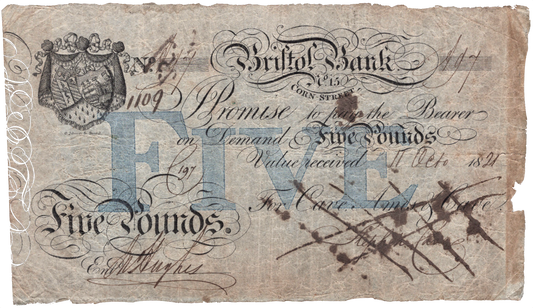 Bristol New Bank 1821 £5 banknote Outing 312j GF Rare
