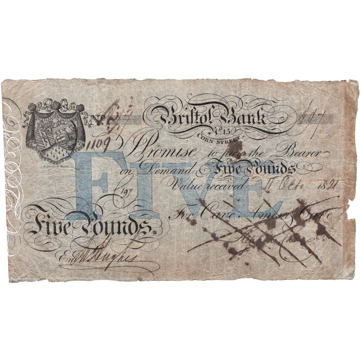 Bristol New Bank 1821 £5 banknote Outing 312j GF Rare