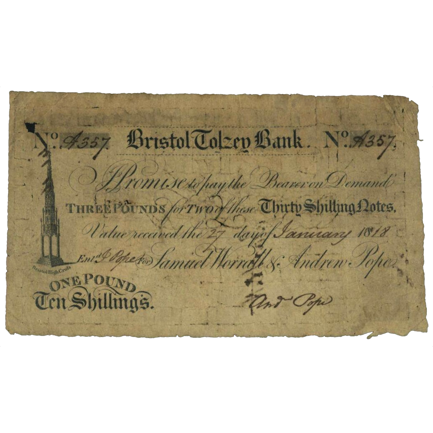 Bristol Tolzey Bank 1818 £1-10-0 banknote F Outing 325f