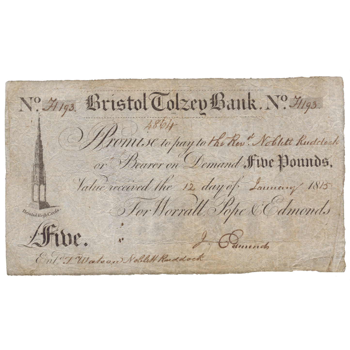 Bristol Tolzey Bank 1815 £5 banknote Outing 325c