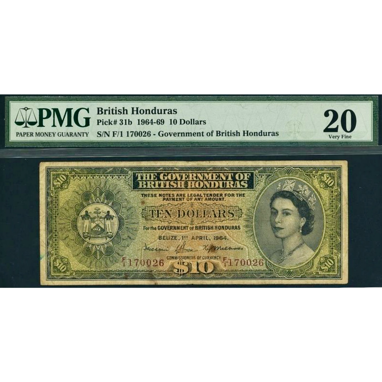 BRITISH HONDURAS P.31b 1964-1969 10 Dollars VF 20