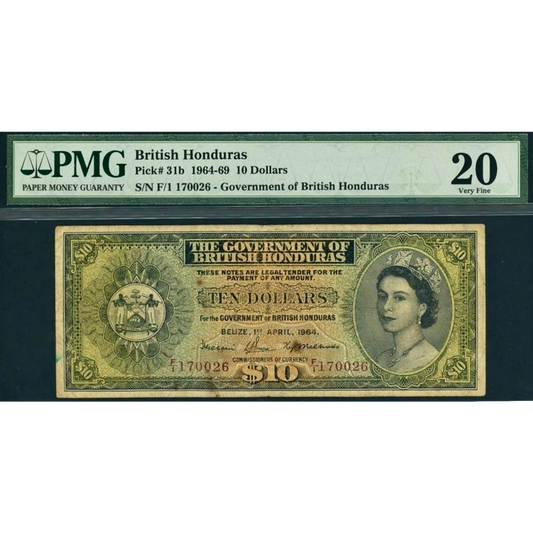 BRITISH HONDURAS P.31b 1964-1969 10 Dollars VF 20