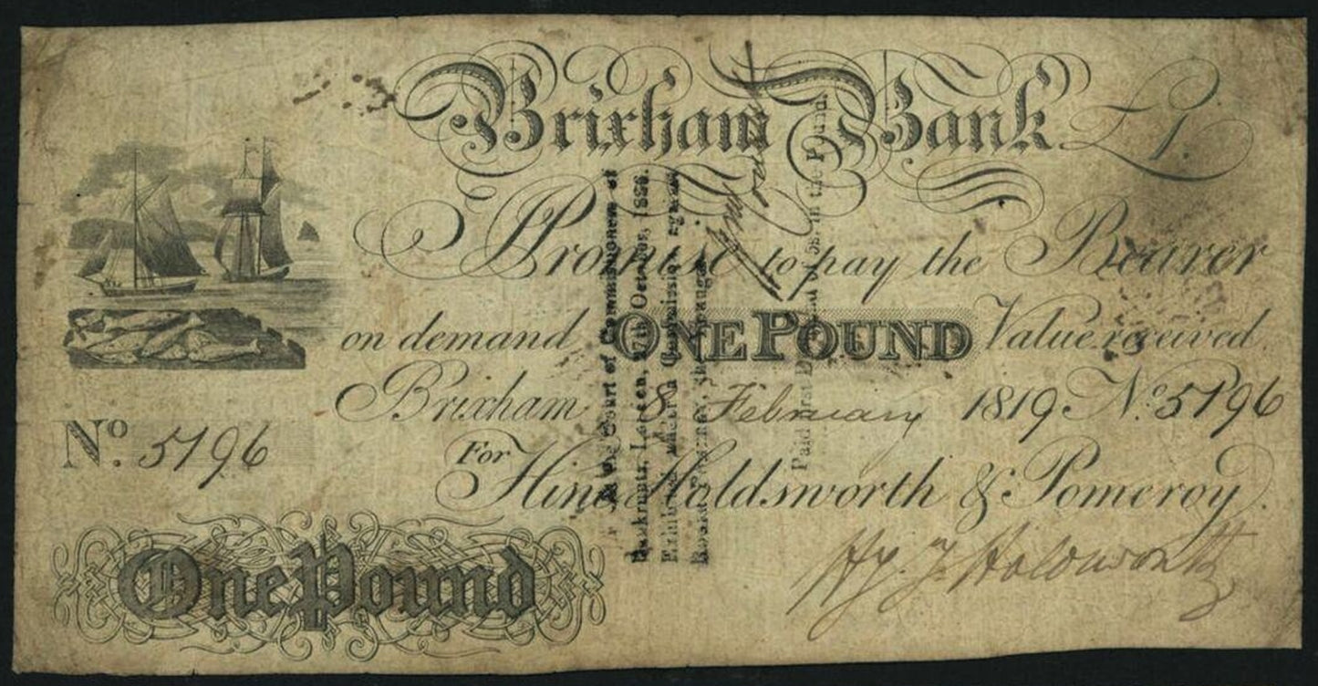 Brixham Bank 1814 £1 banknote Outing 339a