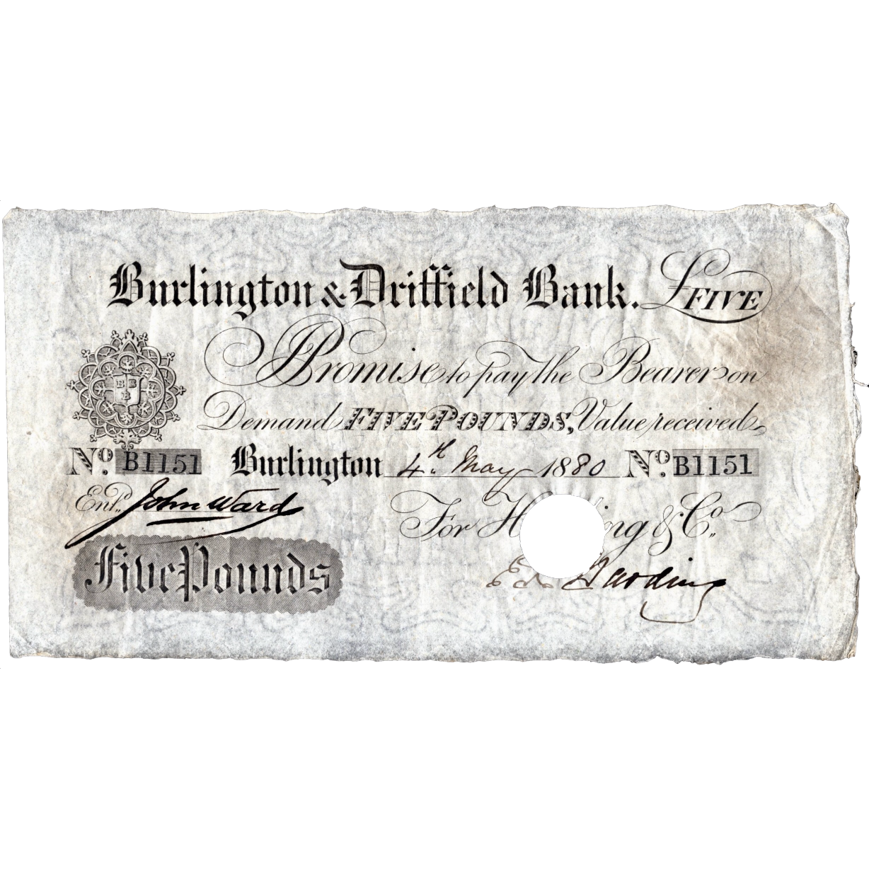 Burlington & Driffield Bank 1880 £5 banknote Outing 286s VF