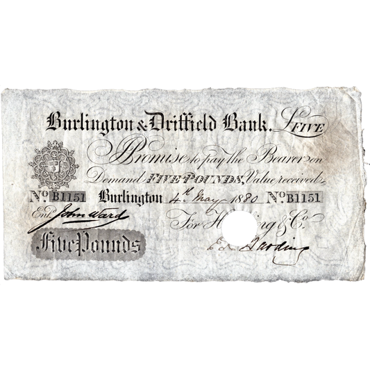 Burlington & Driffield Bank 1880 £5 banknote Outing 286s VF
