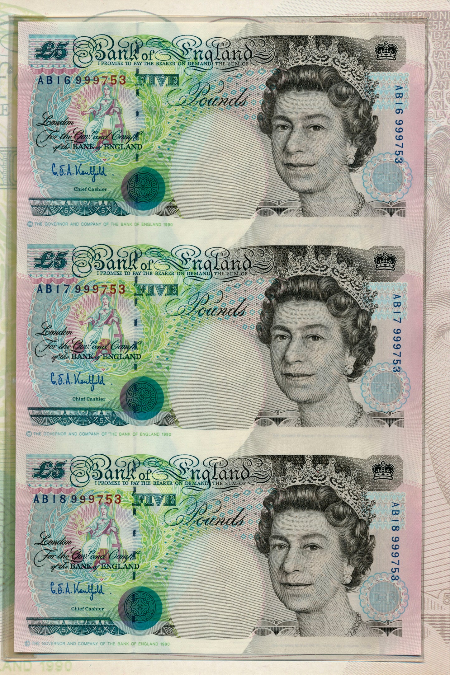 C107 1993 Debden presentation set Uncut trio of £5 notes (B363) the last printed on web presses