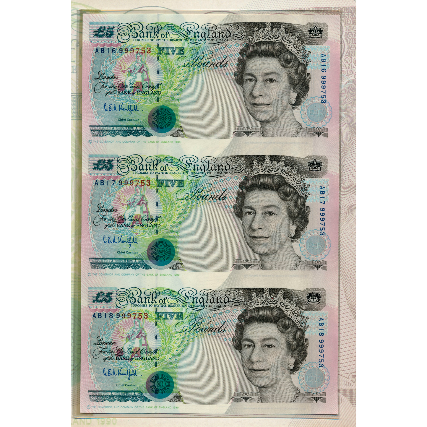 C107 1993 Debden presentation set Uncut trio of £5 notes (B363) the last printed on web presses