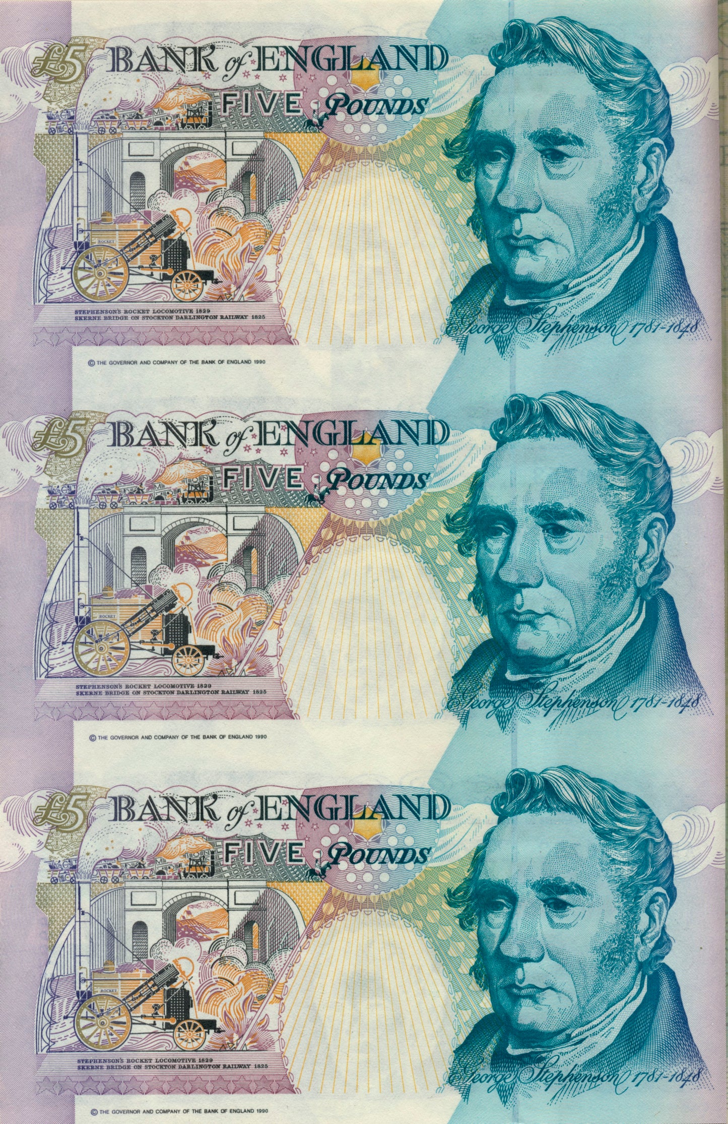 C107 1993 Debden presentation set Uncut trio of £5 notes (B363) the last printed on web presses