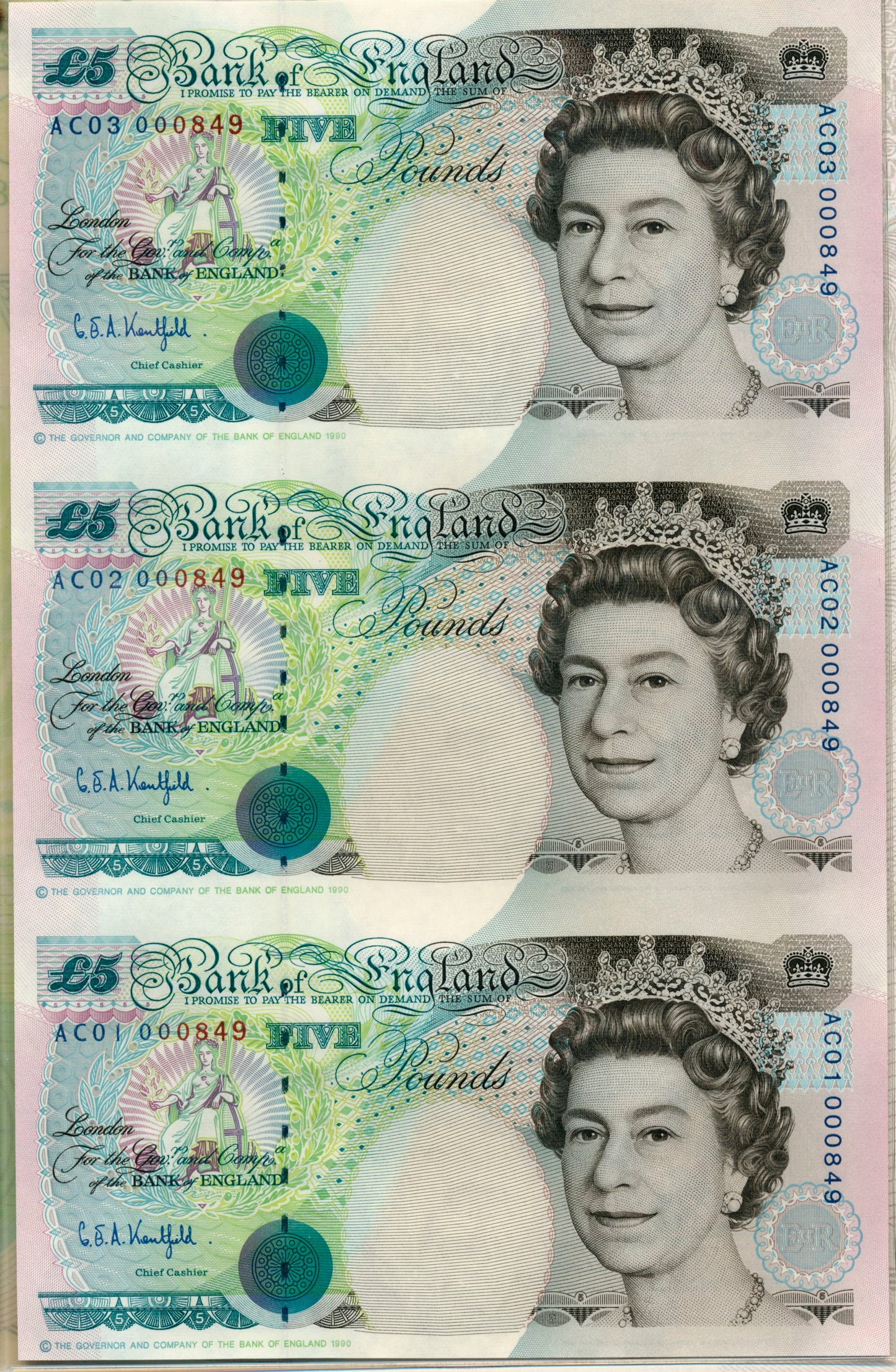 C108 1993 Debden presentation set Uncut trio of £5 notes (B364) the first printed on new sheet-fed presses