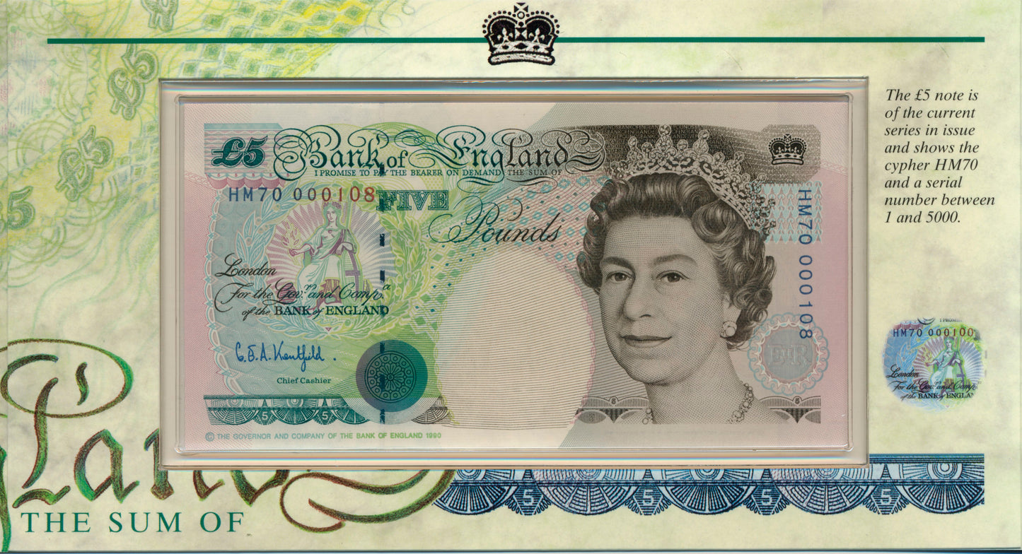 C119 1996 Debden presentation set HM Queen's 70th birthday £5 B364 (HM70) and £5 cupronickel-nickel crown