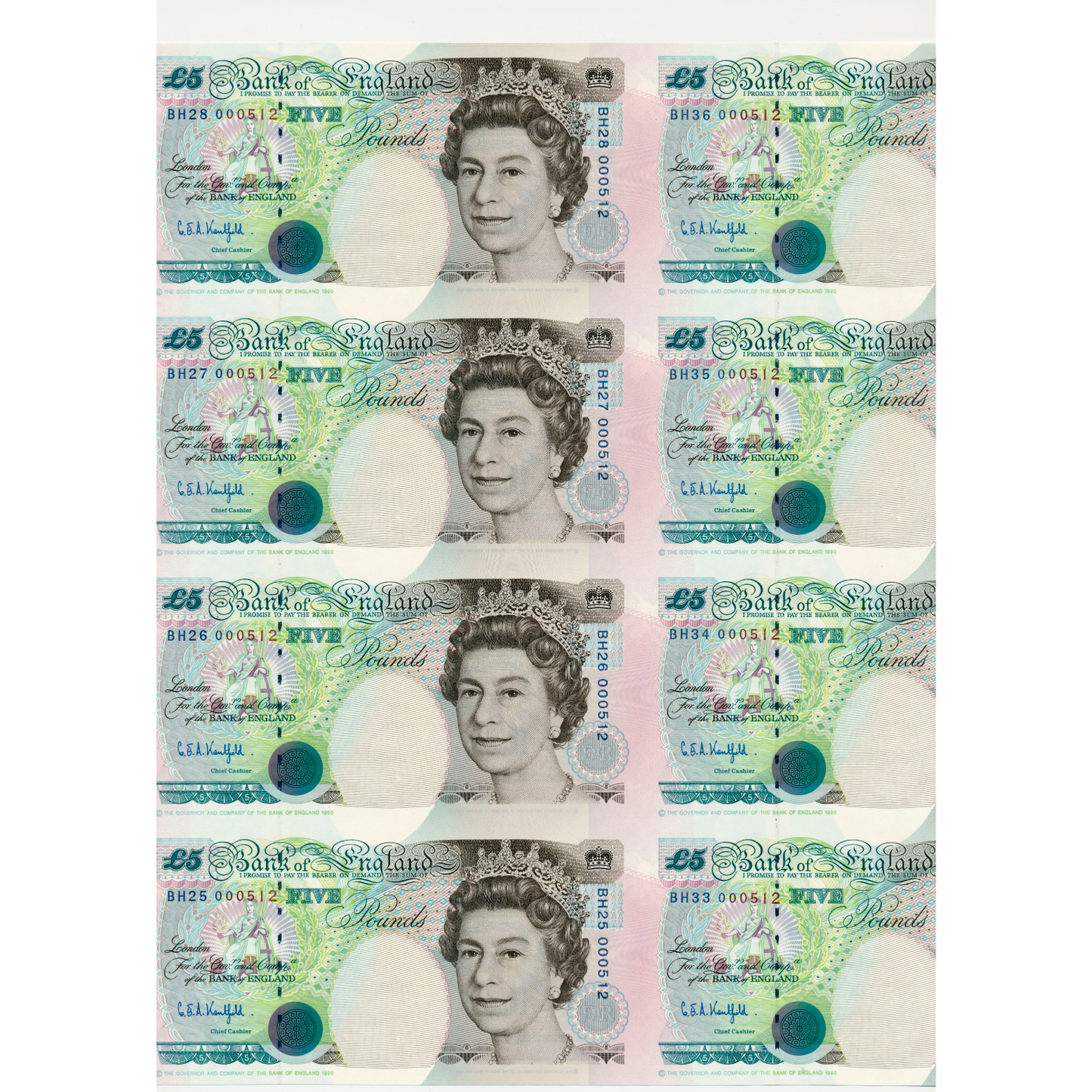 C121 1996 Debden presentation set Uncut mainsheet of 8 £5 notes B364 (BH)