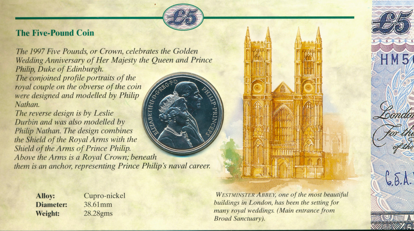 C123 1997 Debden presentation set Queens Golden Wedding Anniversary £5 B364 (HM50) and £5 cupronickel crown