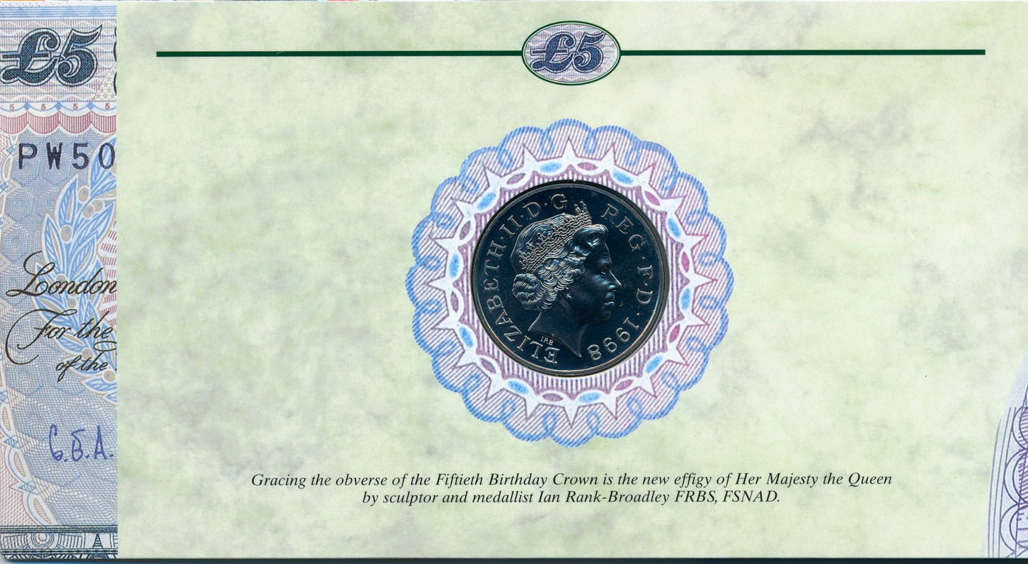 C130 1998 Debden presentation set Prince of Wales's 50th birthday £5 B364 (PW50) and £5 cupronickel-nickel crown