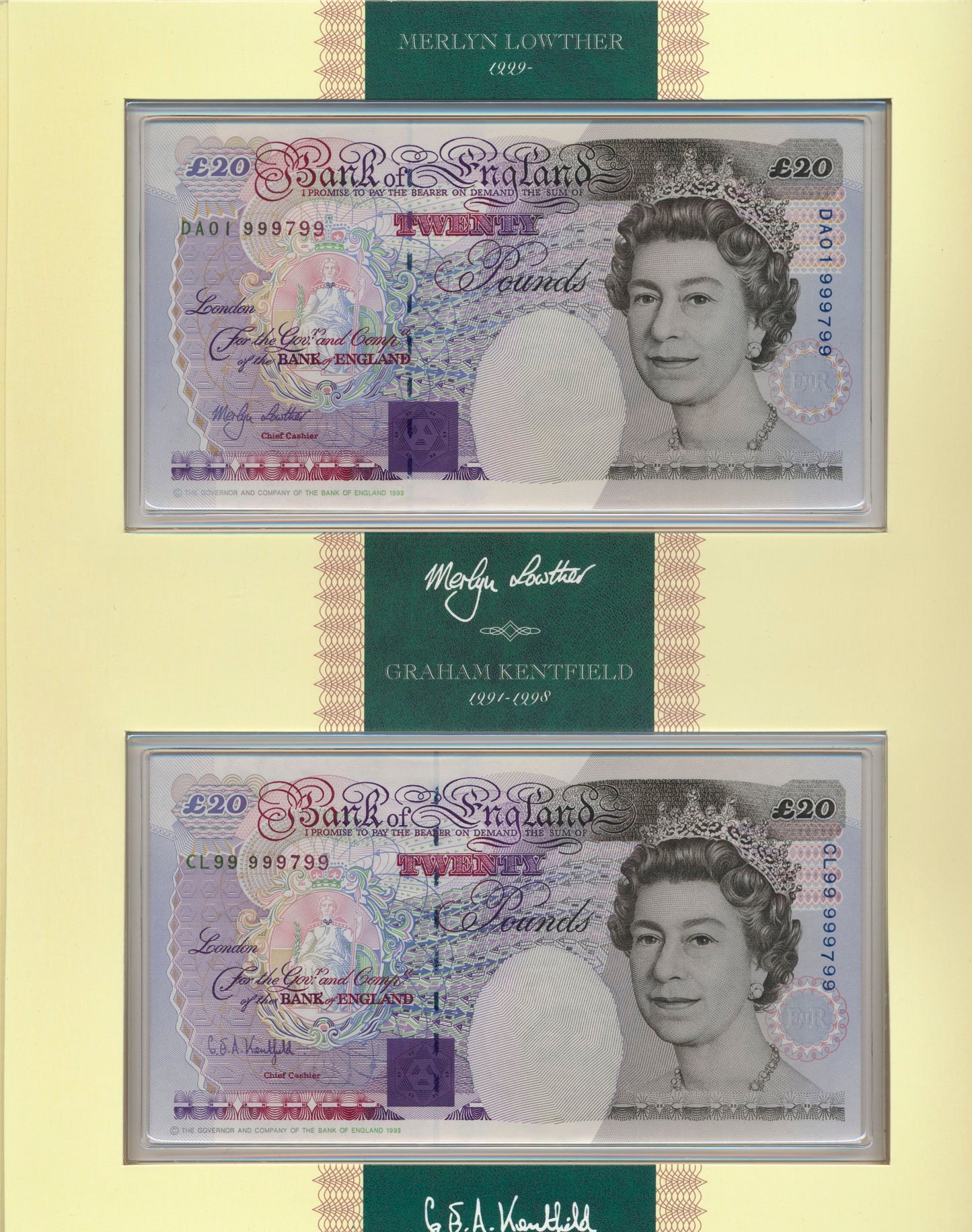 C144 1999 Debden presentation set First Lowther £20 (B384) and Last Kentfield £20 (B375)