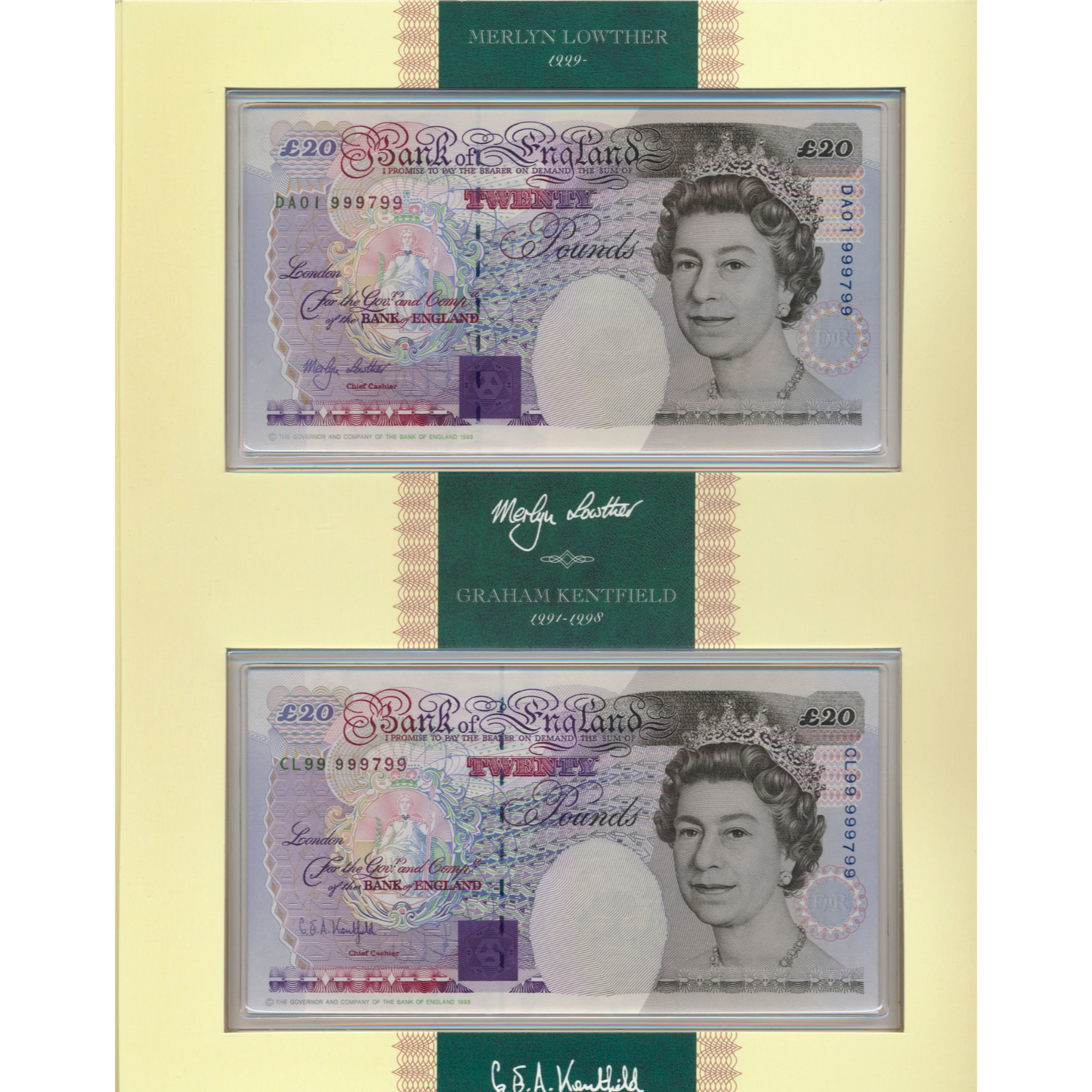 C144 1999 Debden presentation set First Lowther £20 (B384) and Last Kentfield £20 (B375)