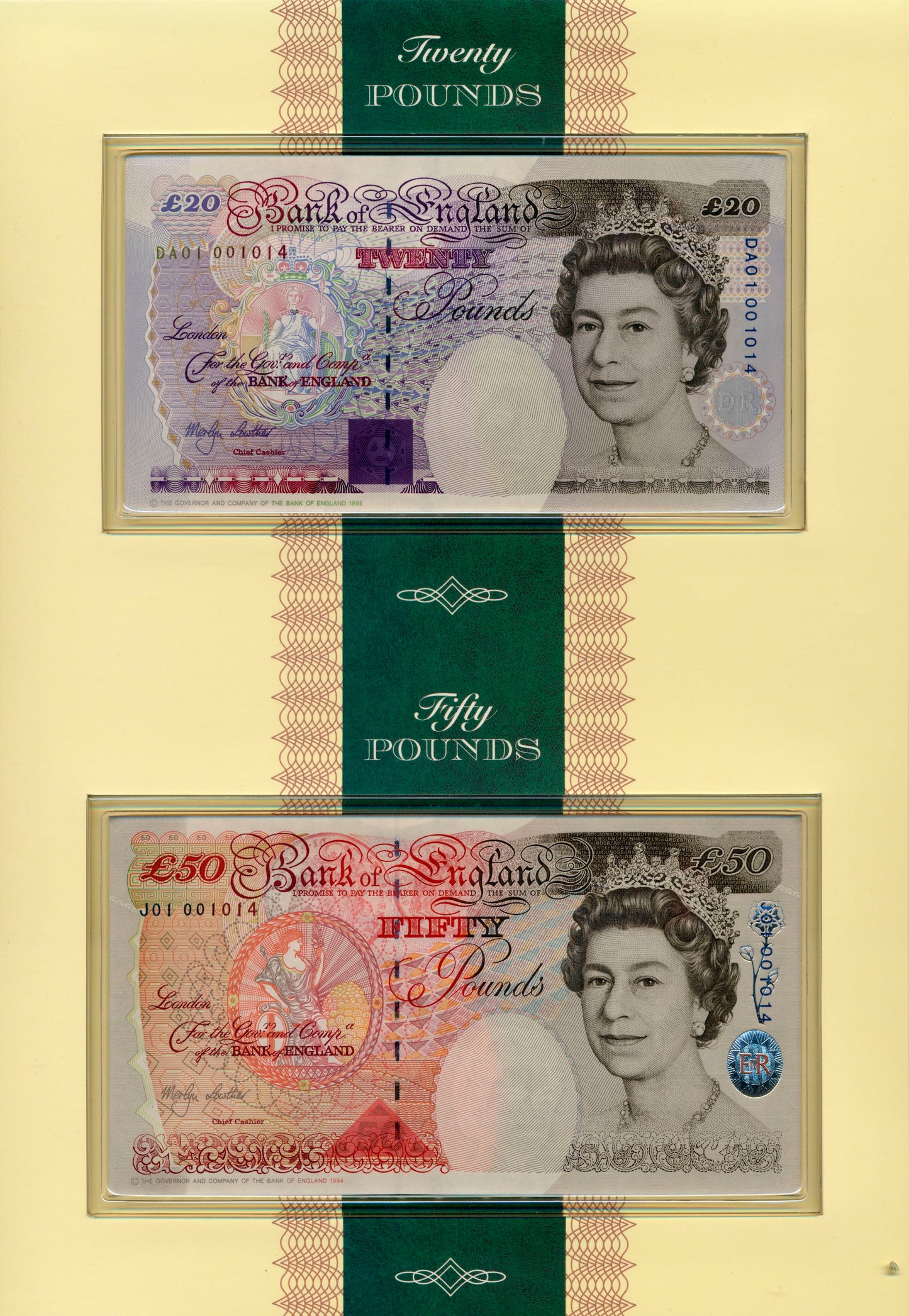 C147 1999 Debden presentation set First Lowther Special Run £5 (B380) £10 (B382) £20 (B384) £50 (B385)