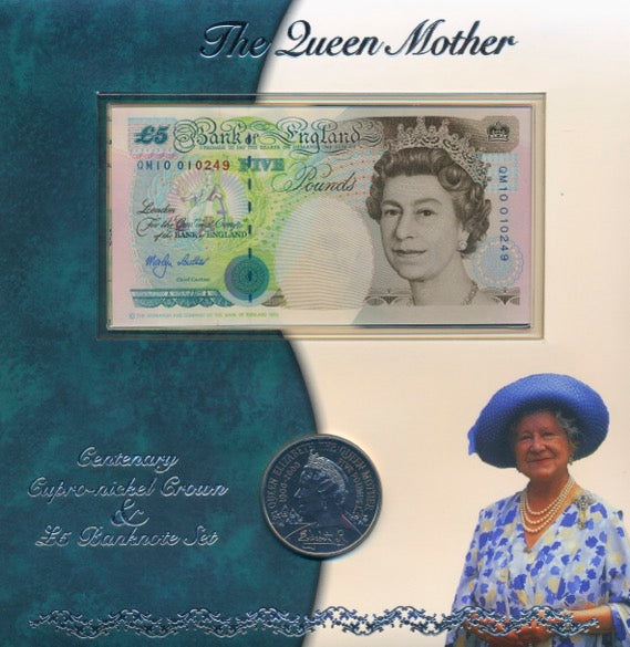 C153 2000 Debden presentation set Queen Mothers 100th birthday £5 B380 (QM10) and £5 cupronickel-nickel crown