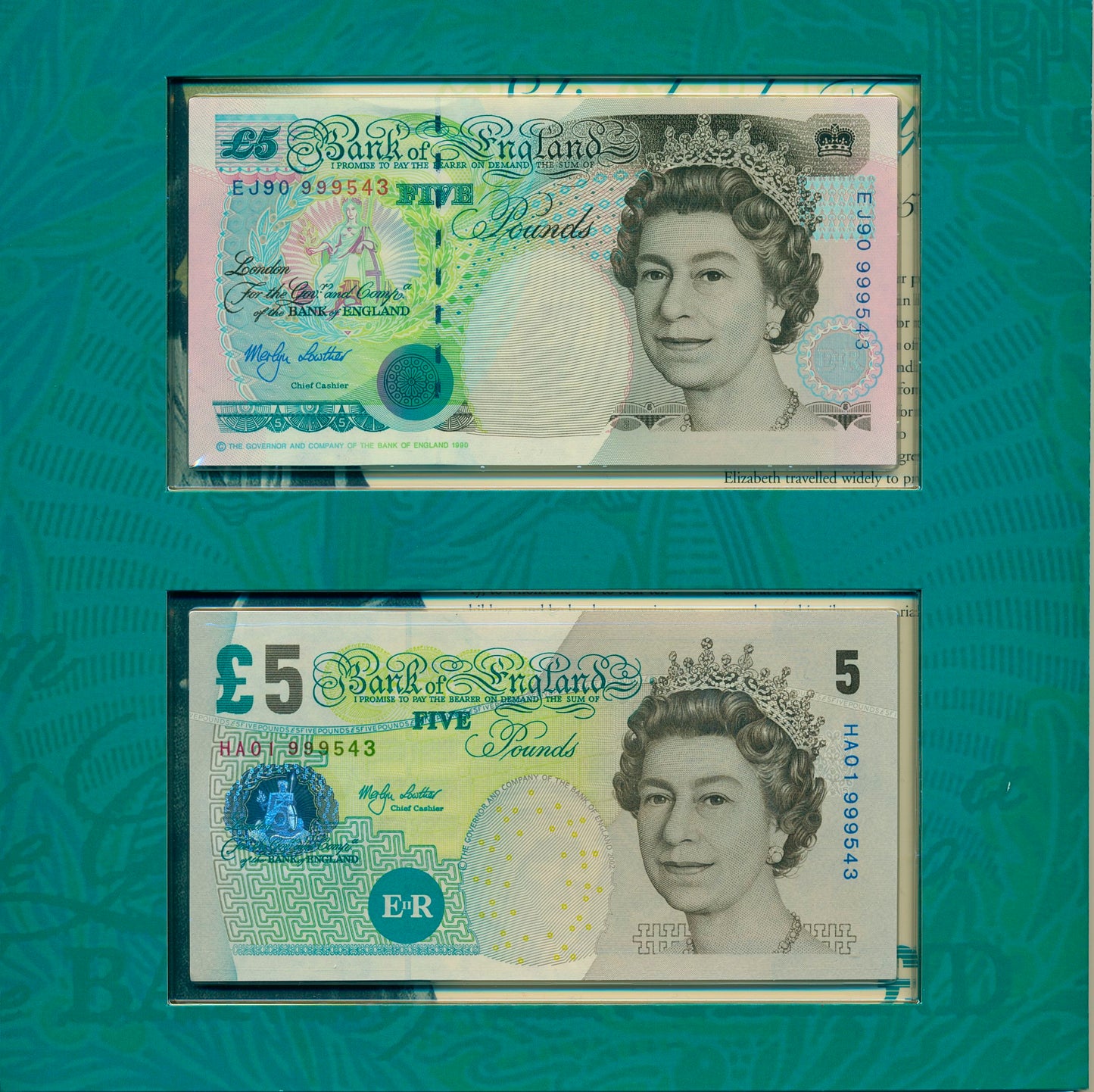 C162 2002 Debden presentation set Last Stephenson £5 (B380) and First Fry £5 (B395)