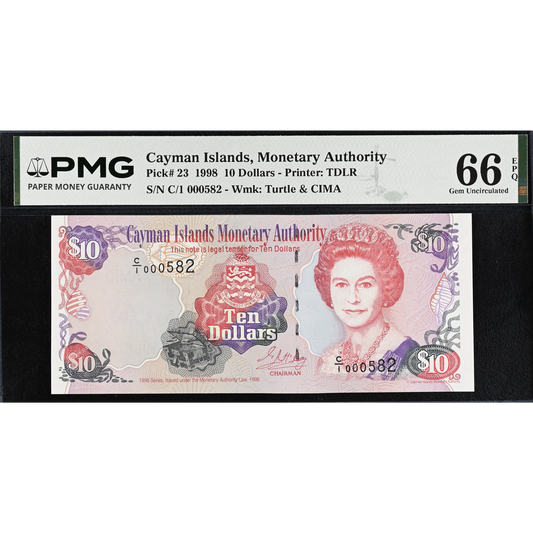 CAYMAN ISLANDS P.23 1998  low serial number $10 Gem UNC 66 EPQ