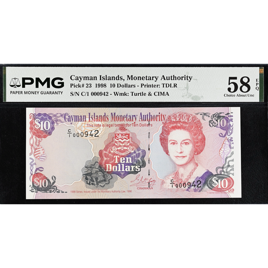 CAYMAN ISLANDS P.23 1998  low serial number $10 Choice AUNC 58 EPQ