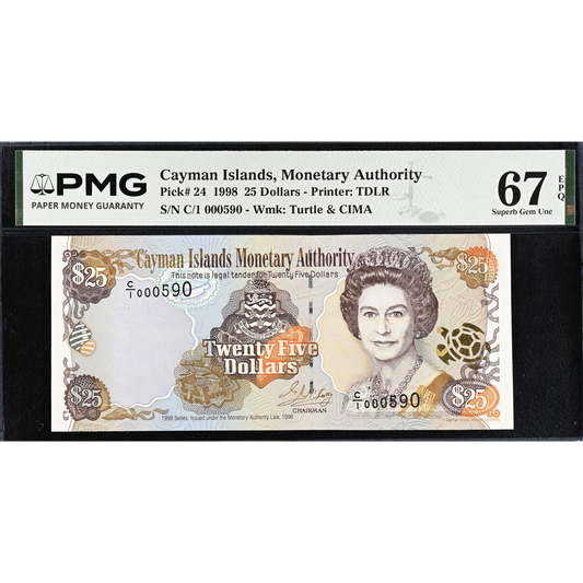 CAYMAN ISLANDS P.24 1998  low serial number $25 Superb Gem UNC 67 EPQ