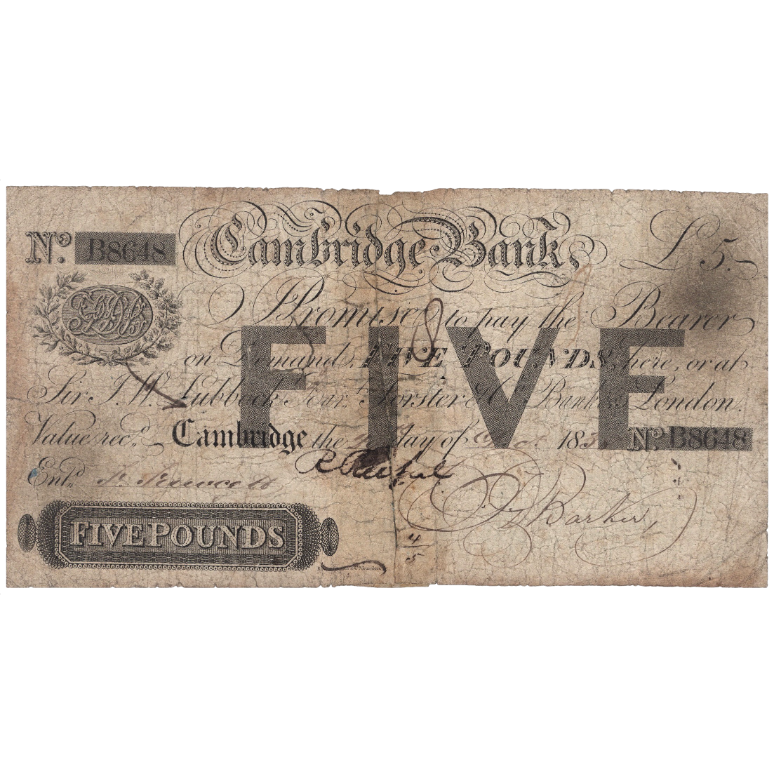 Cambridge Bank 1838 £5 banknote Outing 411a
