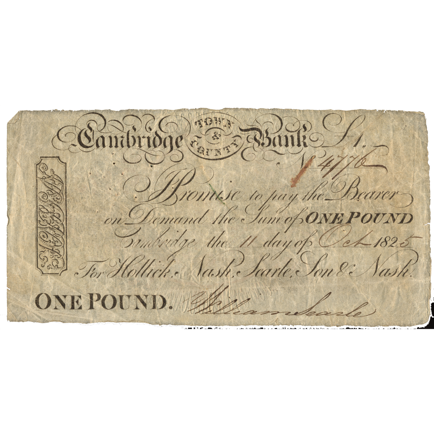 Cambridge Town & County Bank 1825 £5 banknote Outing 409a