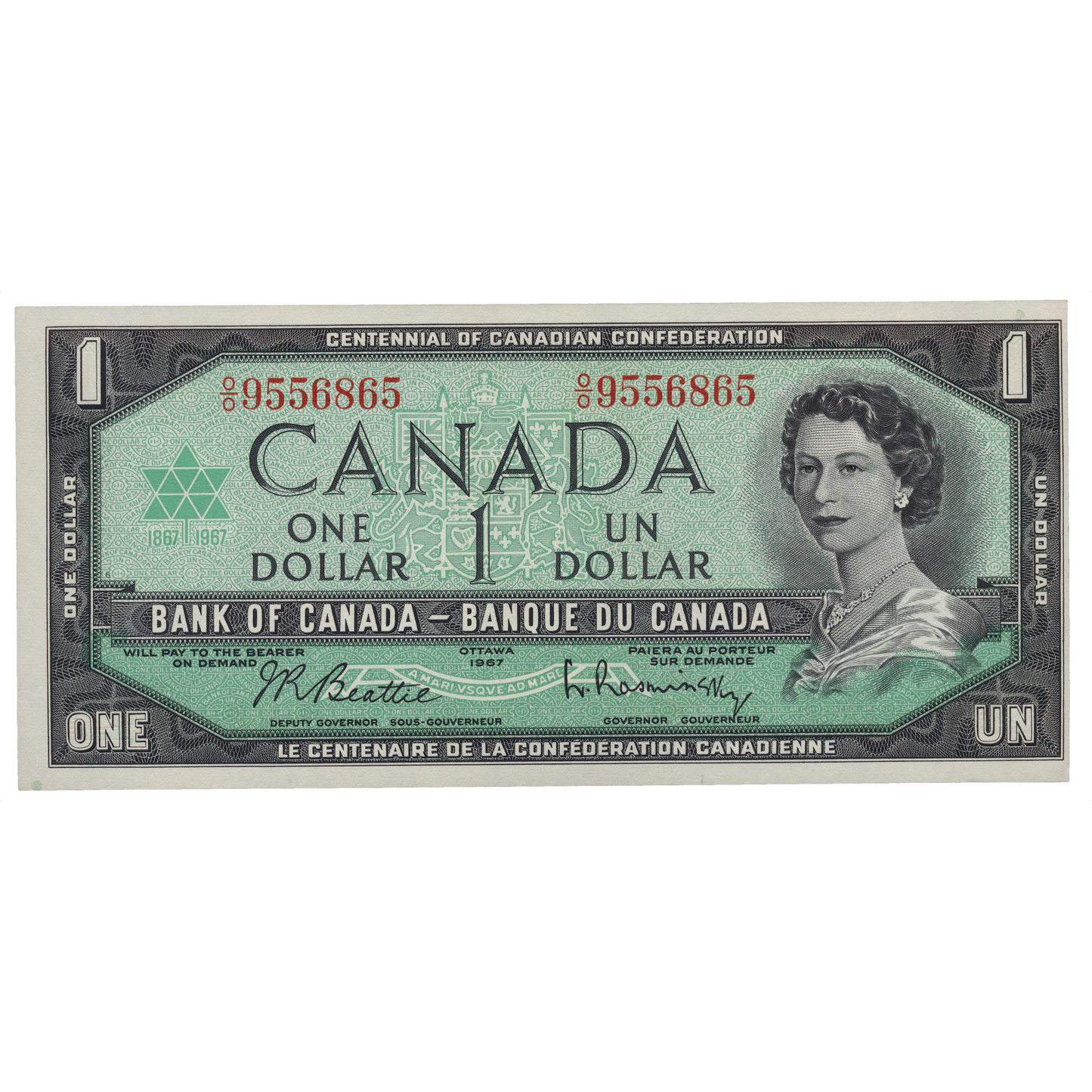 CANADA P.75b 1954 modified design $1 Beattie, Rasminsky UNC