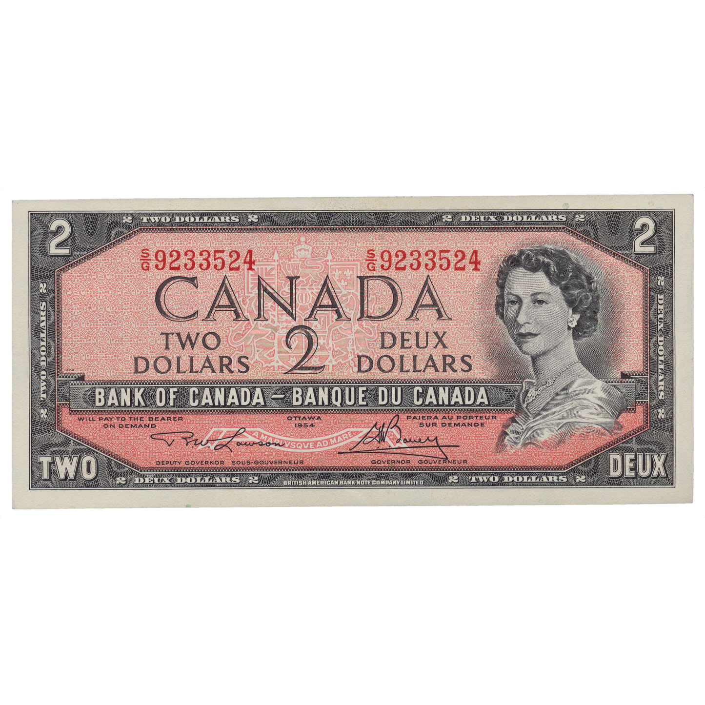 CANADA P.76d 1954 modified design $2 Lawson, Bouey UNC