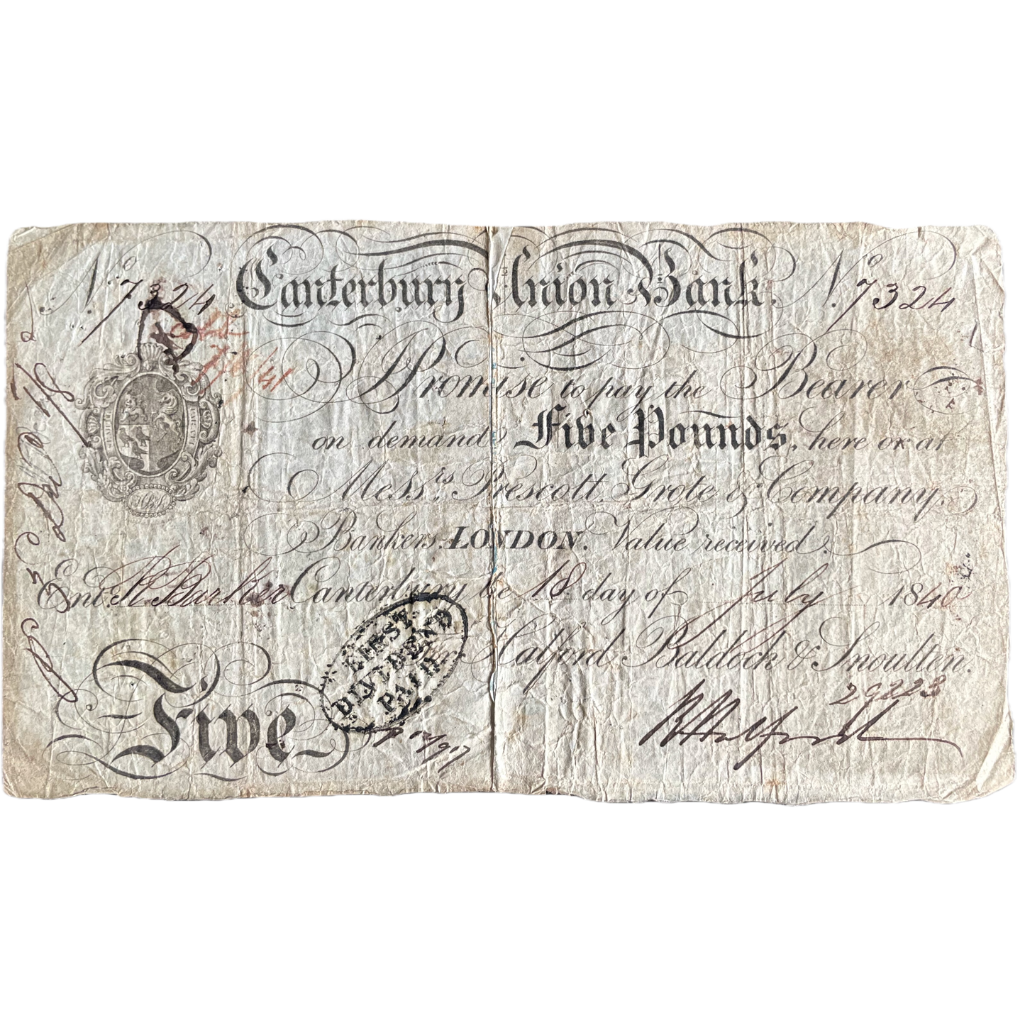 Canterbury Union Bank 1840 £5 banknote Outing 415e