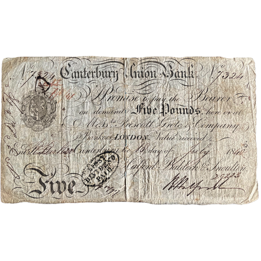 Canterbury Union Bank 1840 £5 banknote Outing 415e