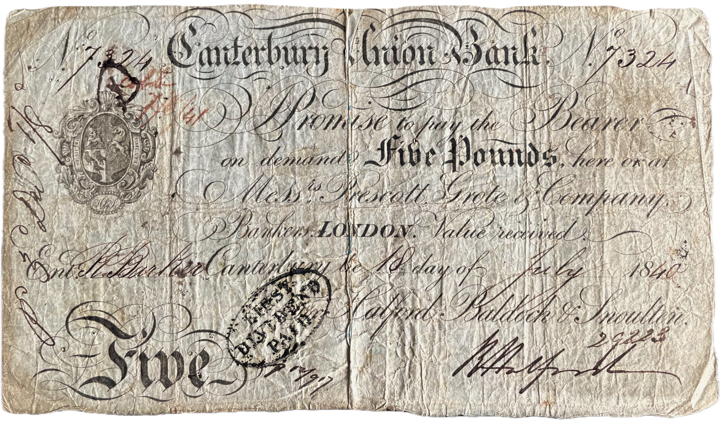 Canterbury Union Bank 1840 £5 banknote Outing 415e