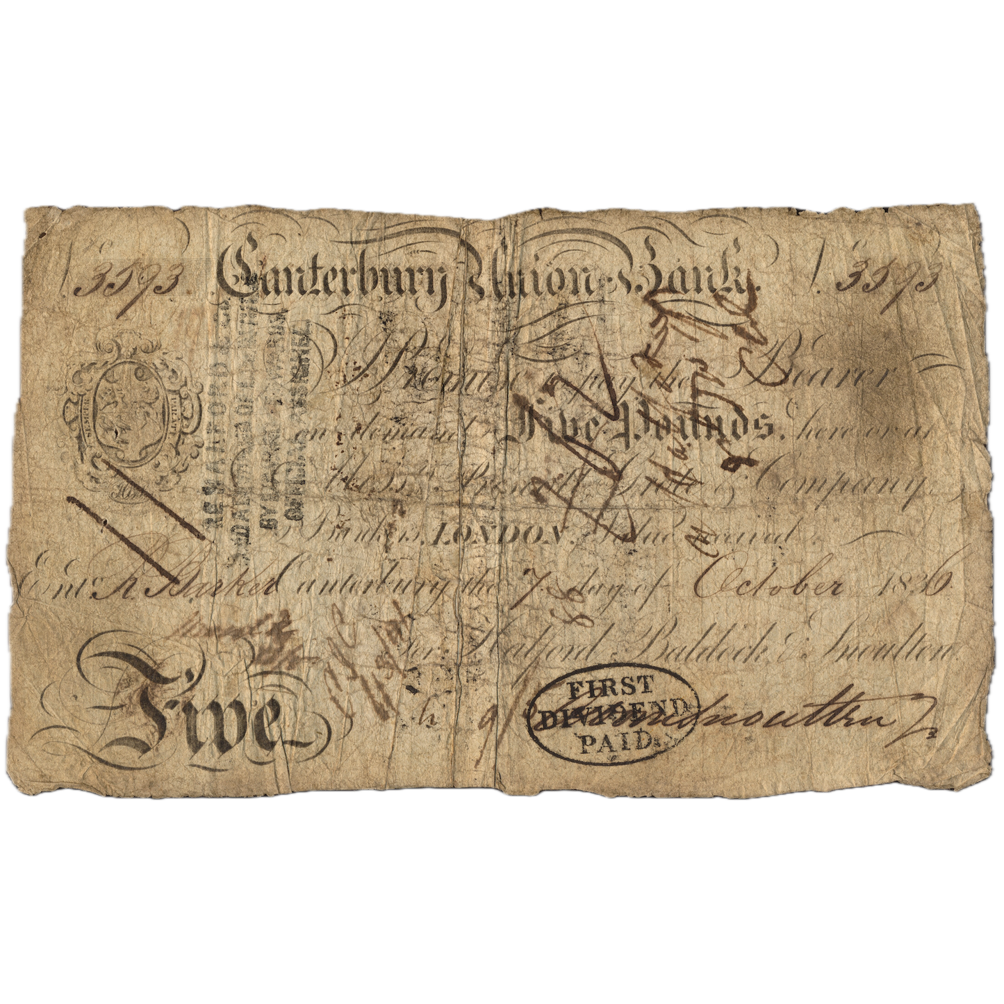 Canterbury Union Bank 1840 £5 banknote Outing 415e