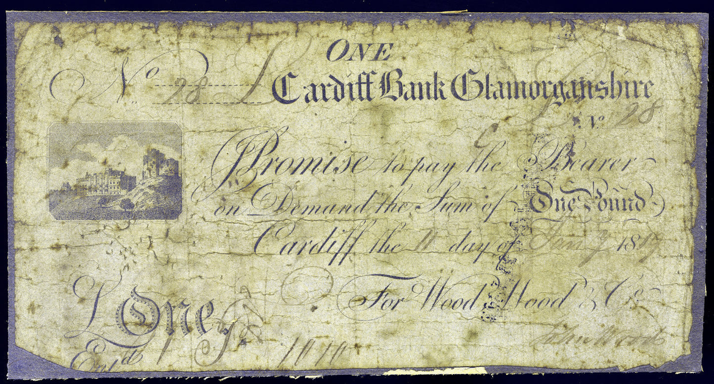 Cardiff Bank 1819 £1 banknote Outing 418e