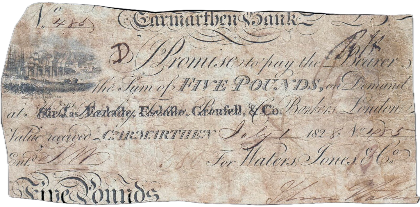 Carmarthen Bank 1828 £5 banknote Outing 459b