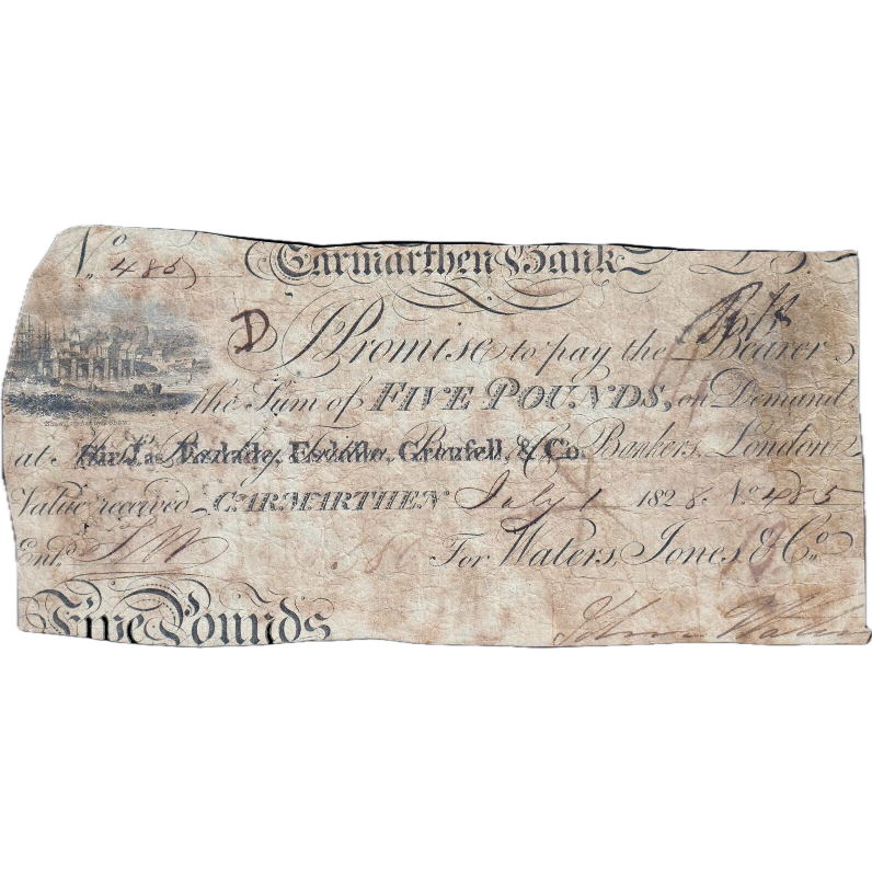 Carmarthen Bank 1828 £5 banknote Outing 459b