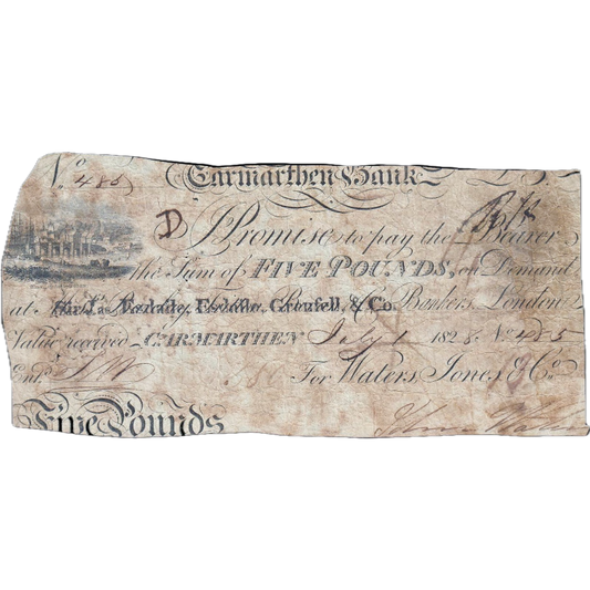 Carmarthen Bank 1828 £5 banknote Outing 459b