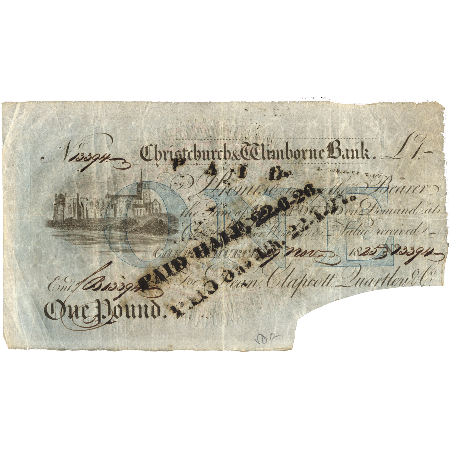 Christchurch & Wimbourne Bank 1825 £1 banknote Outing 556b for type