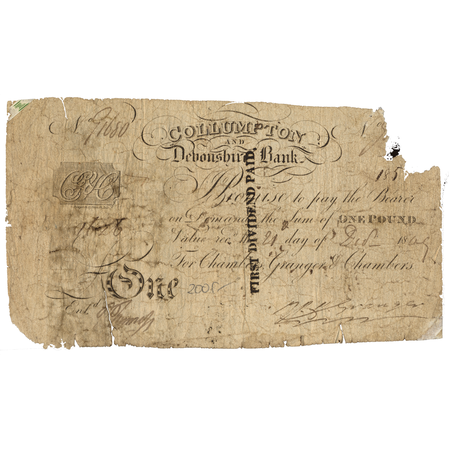 Collumpton and Devonshire Bank 1809 £1 banknote Outing 582a
