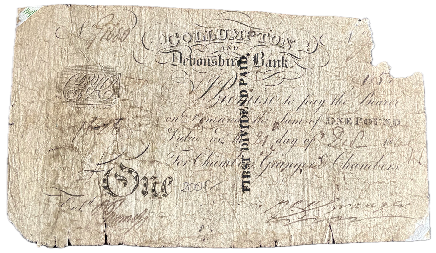 Collumpton and Devonshire Bank 1809 £1 banknote Outing 582a