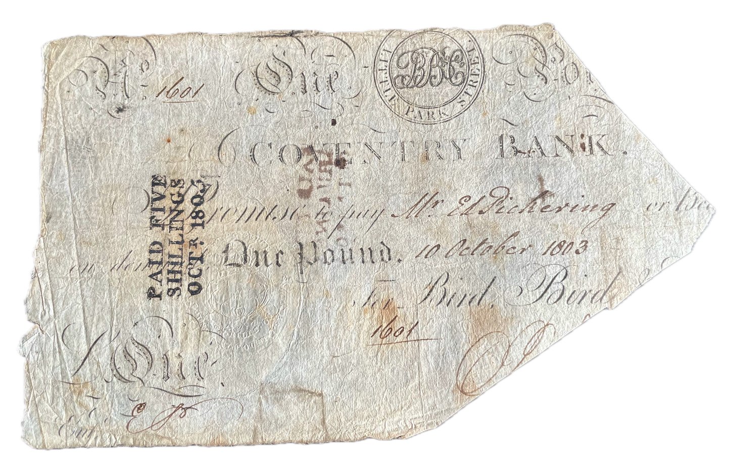 Coventry Bank 1803 £1 banknote Outing 593b