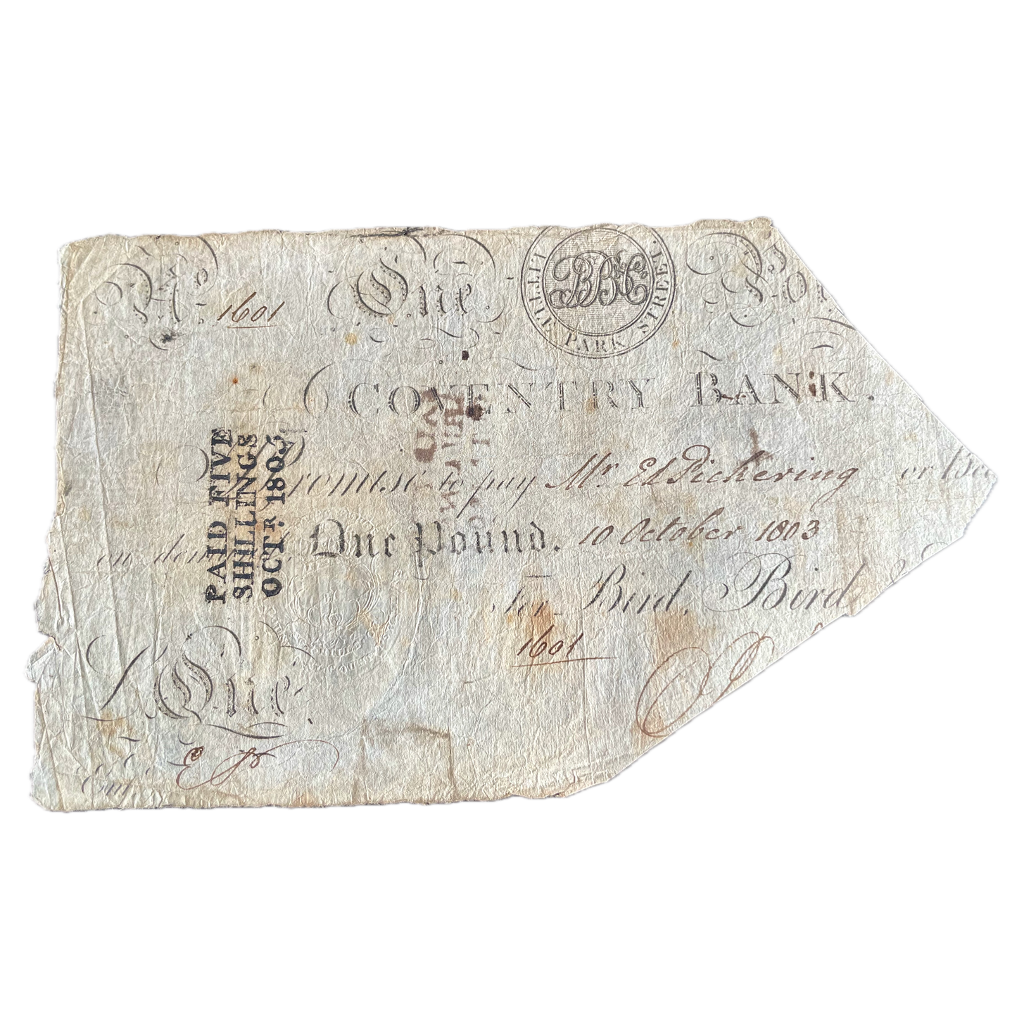 Coventry Bank 1803 £1 banknote Outing 593b