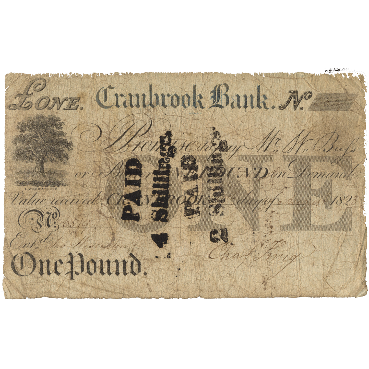 Cranbrook Bank 1823 £1 banknote Outing 610a