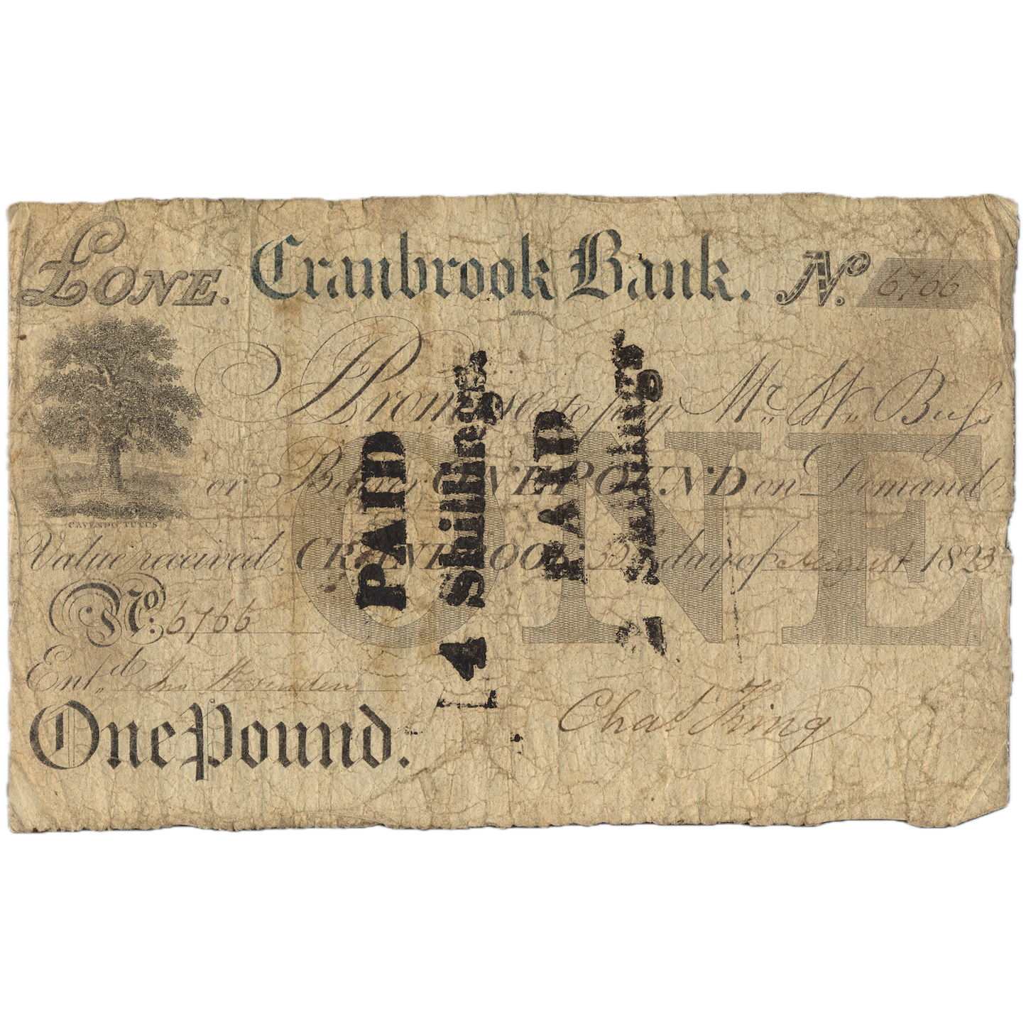 Cranbrook Bank 1823 £1 banknote Outing 610a